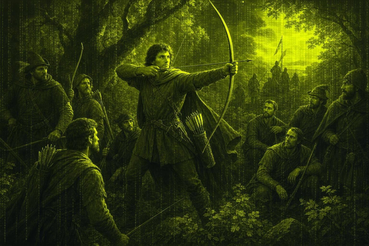 Archers in Sherwood forest — lime duotone artwork